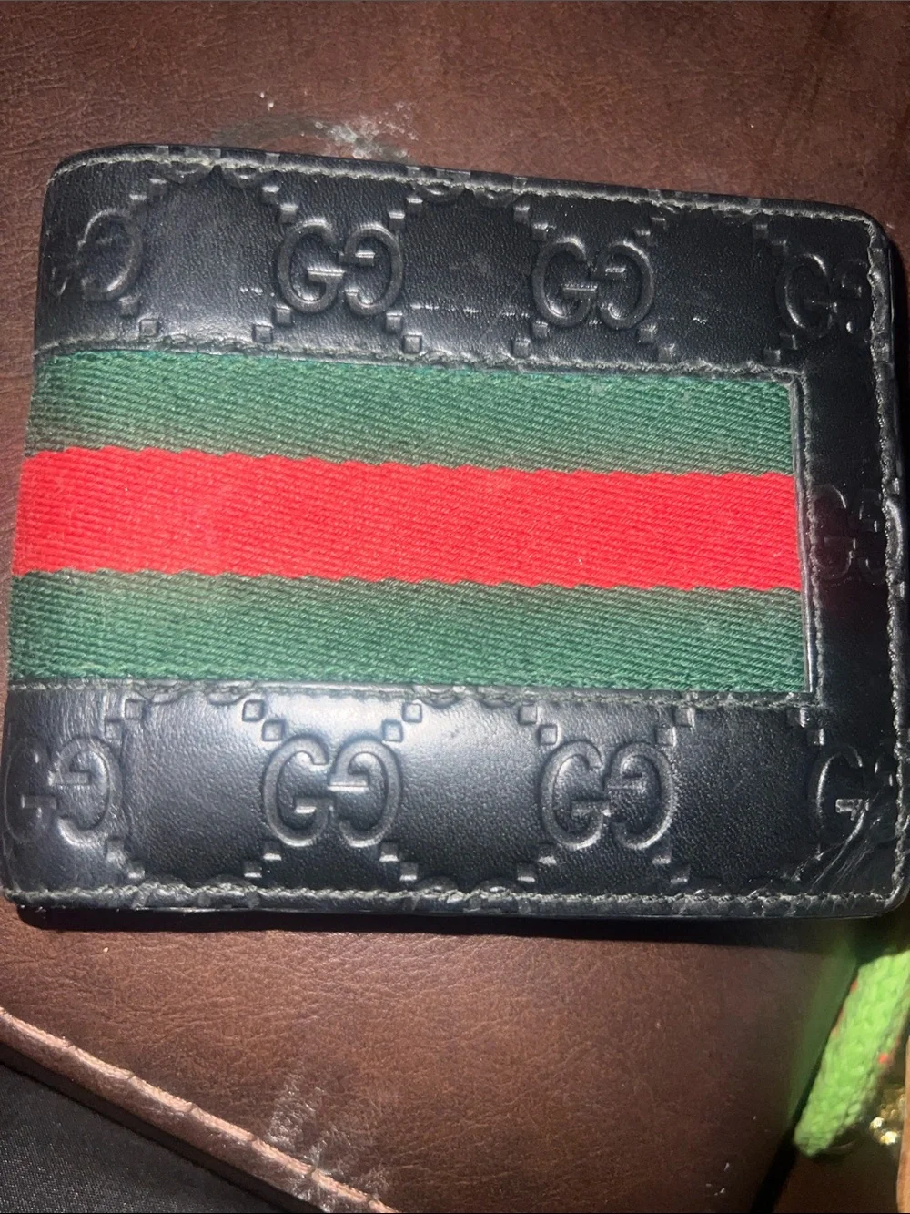 Gucci Black Leather Money Clip with Green and Red Web Stripe
